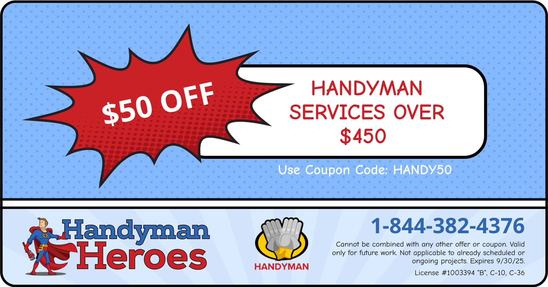 Coupon for  off handyman services over 0. Expires 9/30/25.